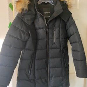 WOMENS (L) NOIZE cruelty-free outerwear Coat  Black with  FAUX Fur trimmed Hood